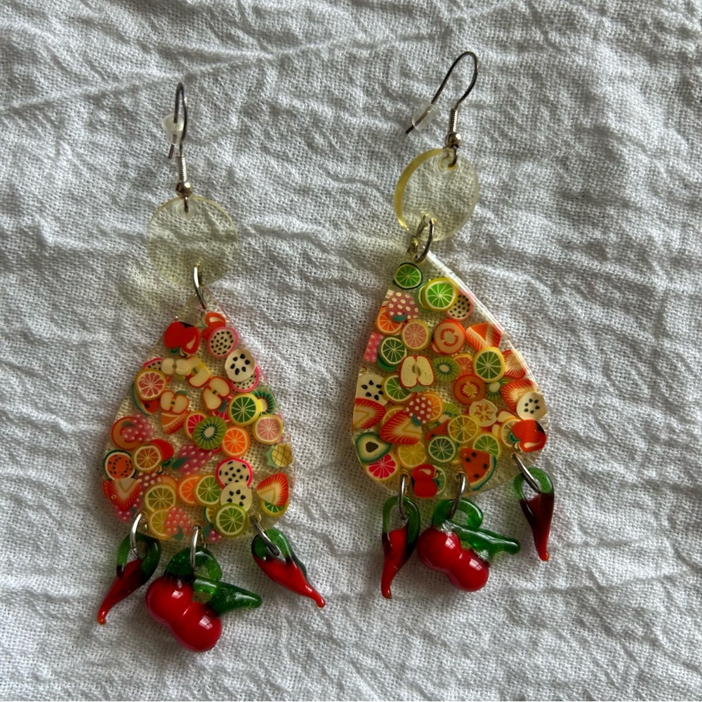 Resin Earrings Handmade Clear/Yellow Resin with Imbedded Fruit & Glass Cherries